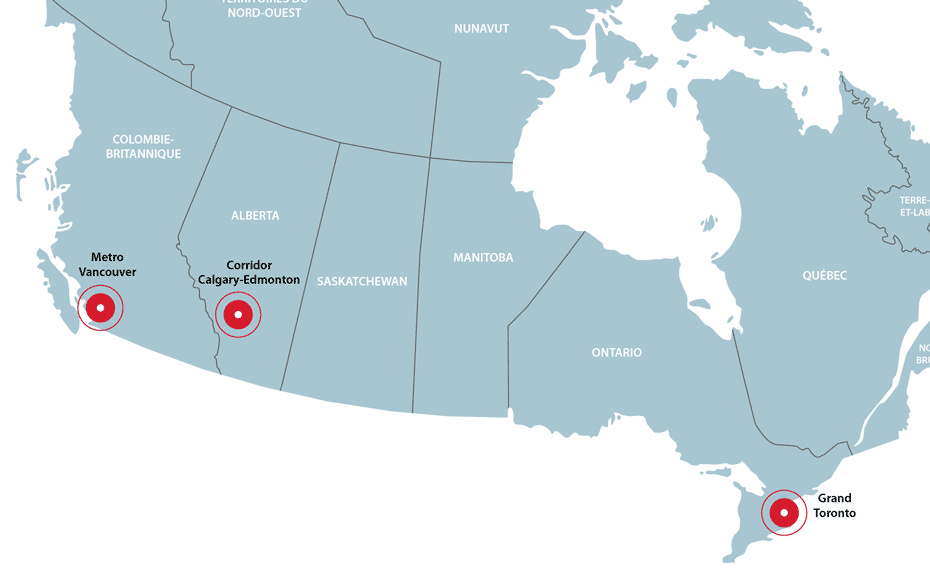 Carte du Canada avec des cibles rouges au-dessus de la région métropolitaine de Vancouver, en Colombie-Britannique; région du Grand Toronto, en Ontario; et le corridor Calgary-Edmonton, en Alberta.